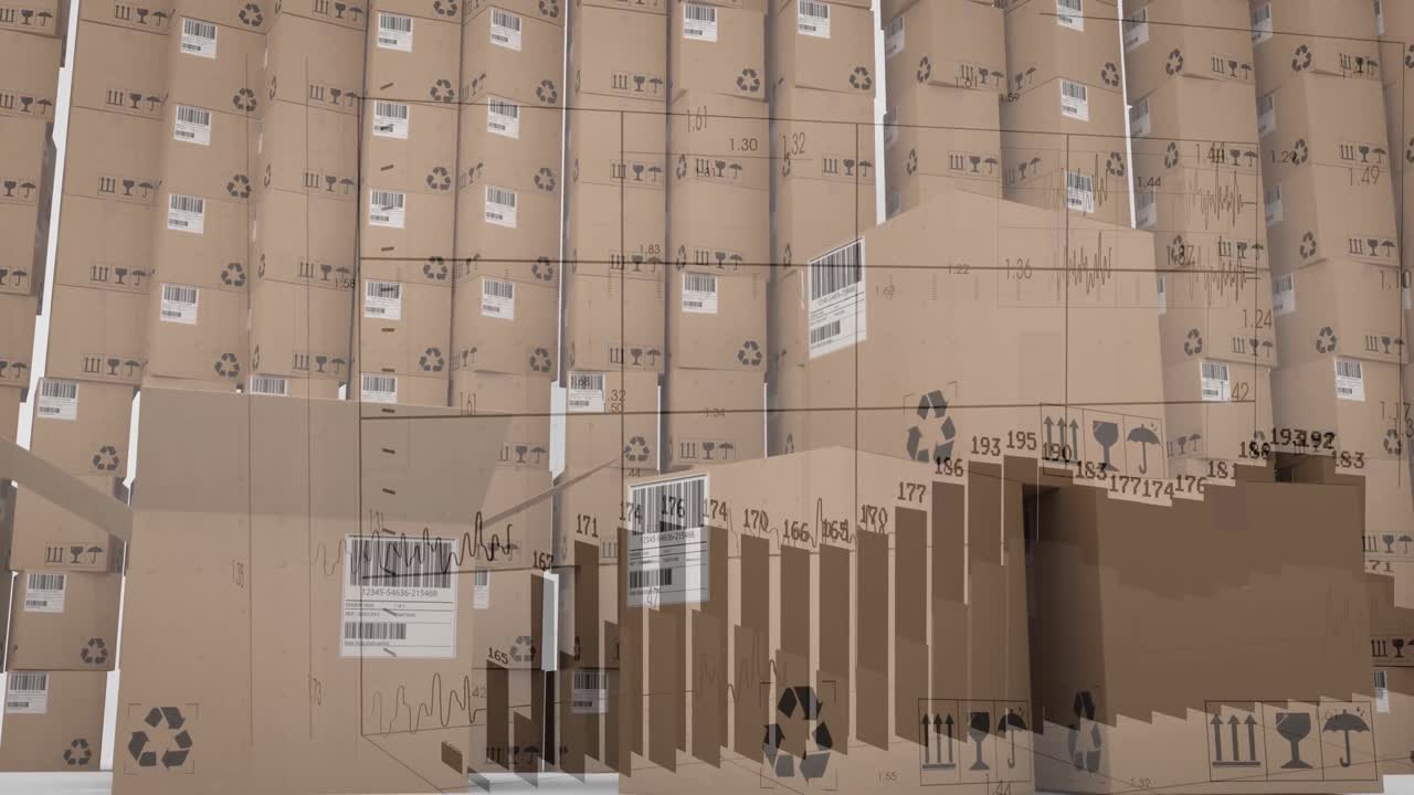 animación del procesamiento estadístico sobre cajas de cartón sobre fondo blanco