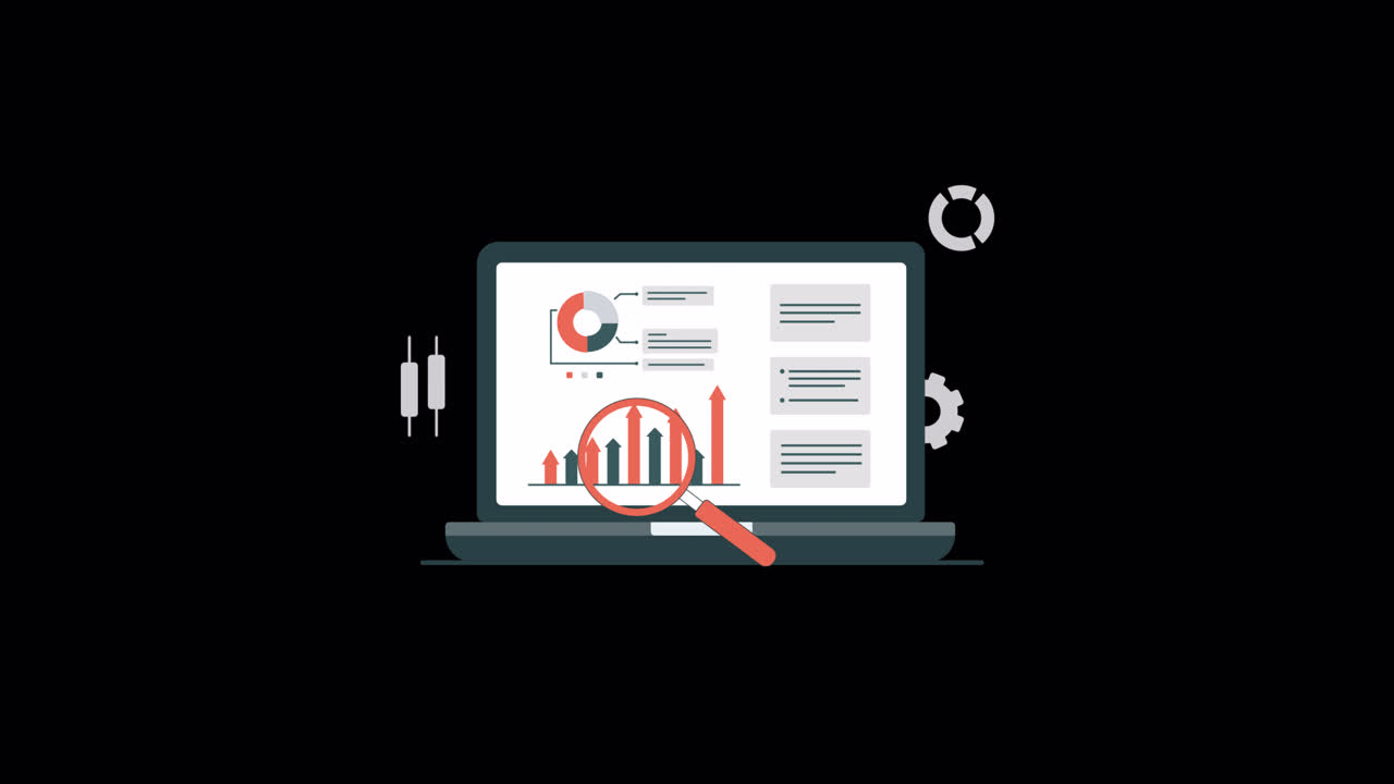 Animated Laptop Screen Showing Data Analysis and Business Reports