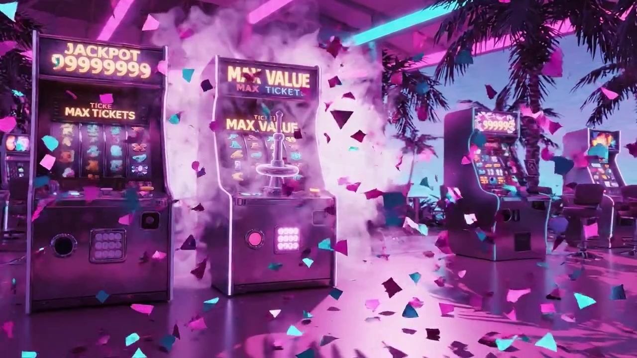 En livlig arkadescene med neonlys og spilleautomater omgitt av tropiske palmer, som viser spennende spillalternativer og maksimale billettverdier i en morsom atmosfære
