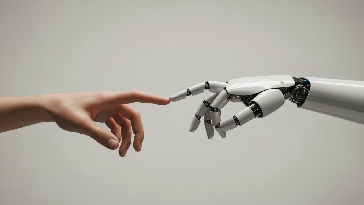Exploring the Intersection of Humanity and Technology: A Touch Between a Human Hand and a Robotic Hand Symbolizing Connection and Evolution