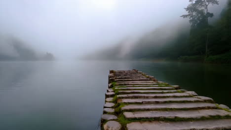 misty lake with stone pier