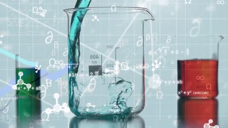 animation of molecules and mathematical equations over beakers with colorful liquid