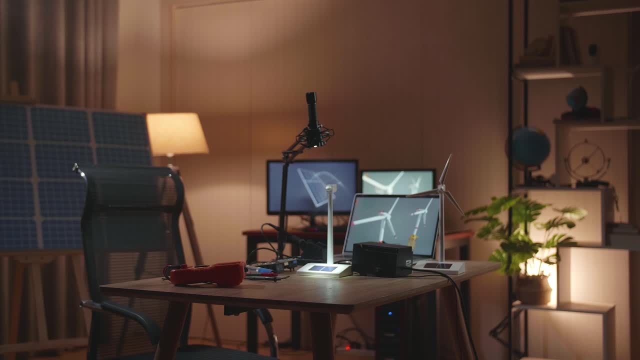 luz brillante en el panel de células solares de la turbina eólica con una computadora portátil que se está probando en la mesa al lado de la célula solar en la oficina