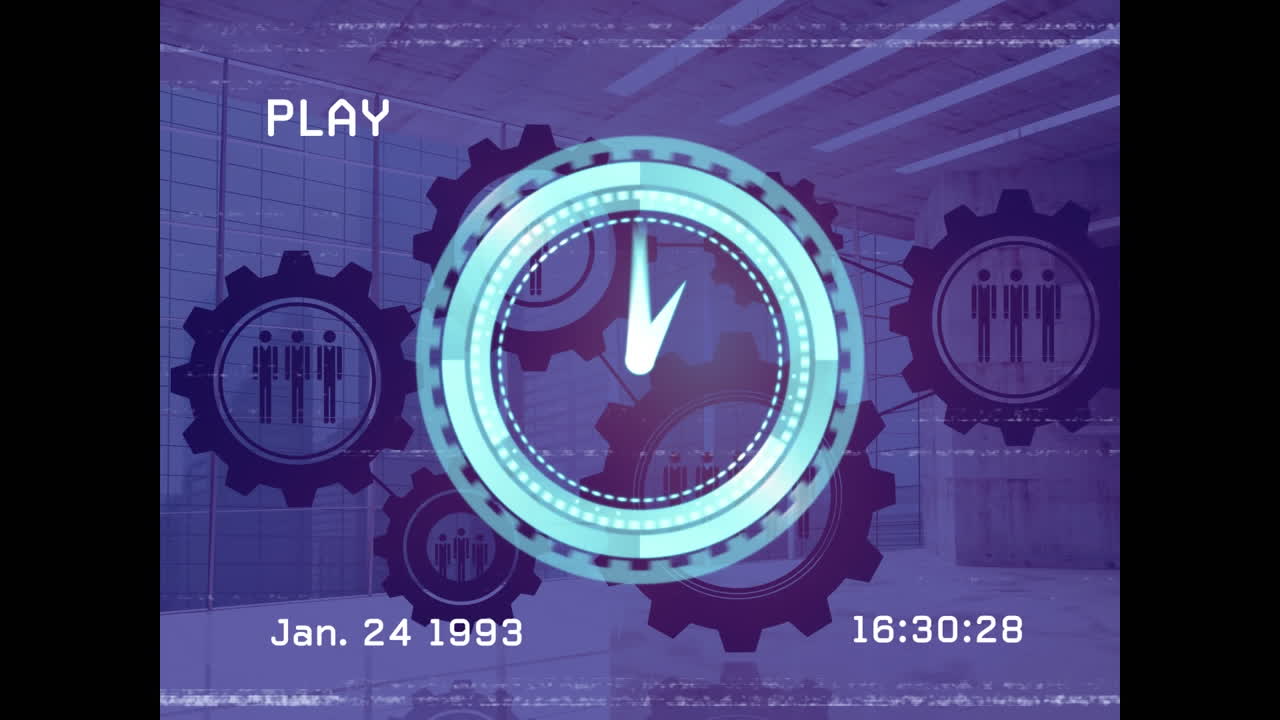animación del efecto de fallo de vhs sobre el reloj de neón contra múltiples iconos digitales
