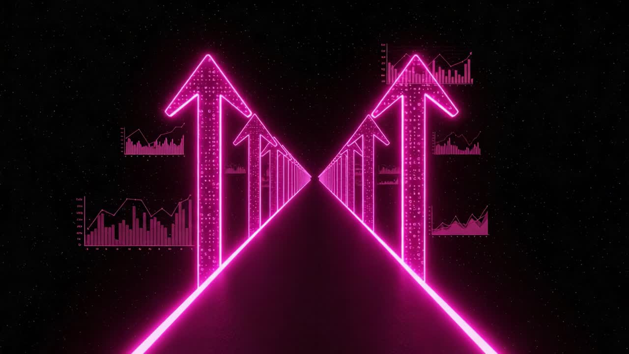 A Futuristic Path of Ascending Arrows Illuminated in Neon Pink, Representing Growth and Progress in a Digital Landscape with Data Graphs in the Background