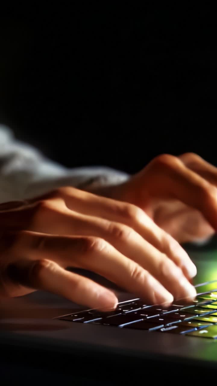 Een close-up van handen die op een laptoptoetsenbord typen, verlicht door zacht licht, dat de essentie van technologie en productiviteit in een digitale werkruimte vastlegt