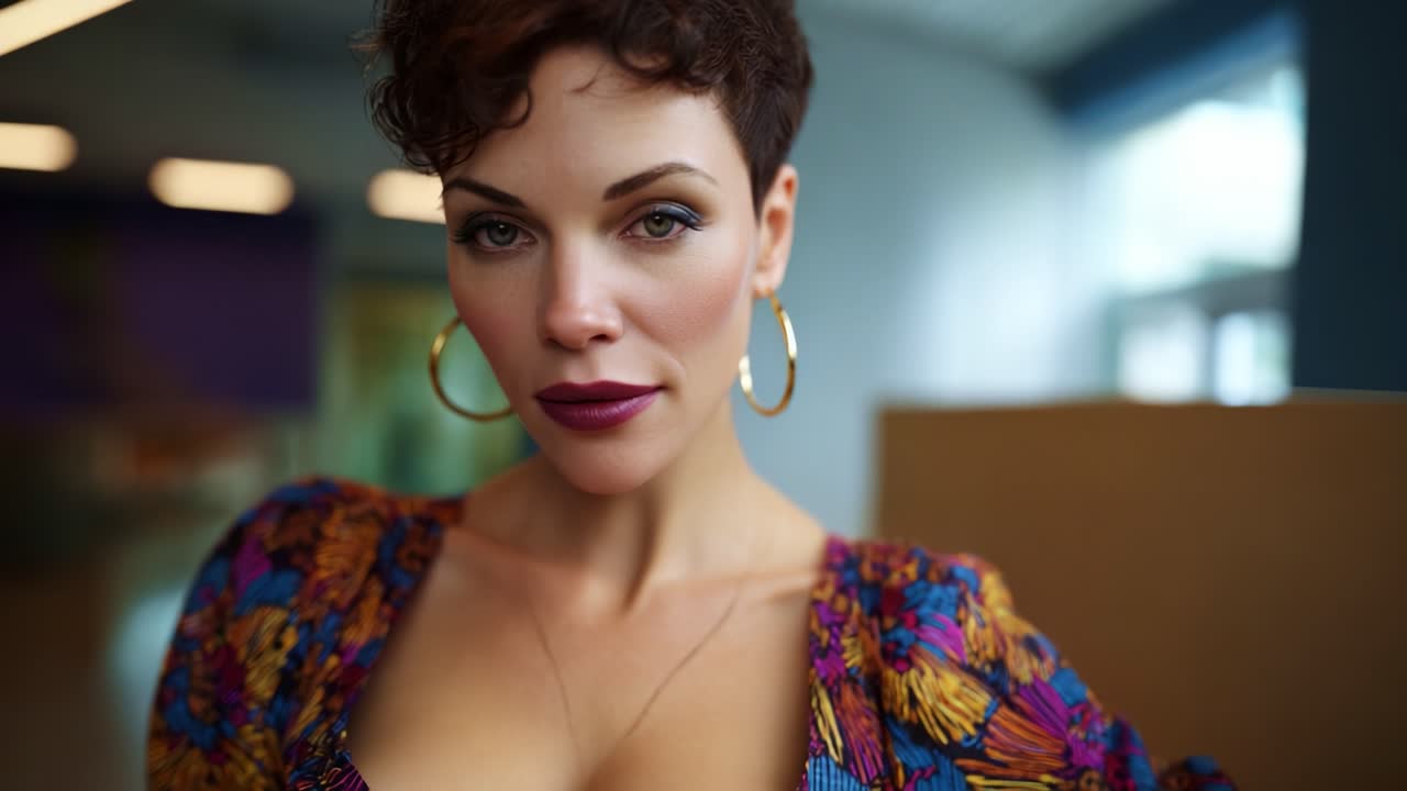 Una donna sicura di sé con abiti vivaci posa per un primo piano con trucco appariscente e lineamenti definiti in un ambiente moderno, catturando la sua presenza carismatica