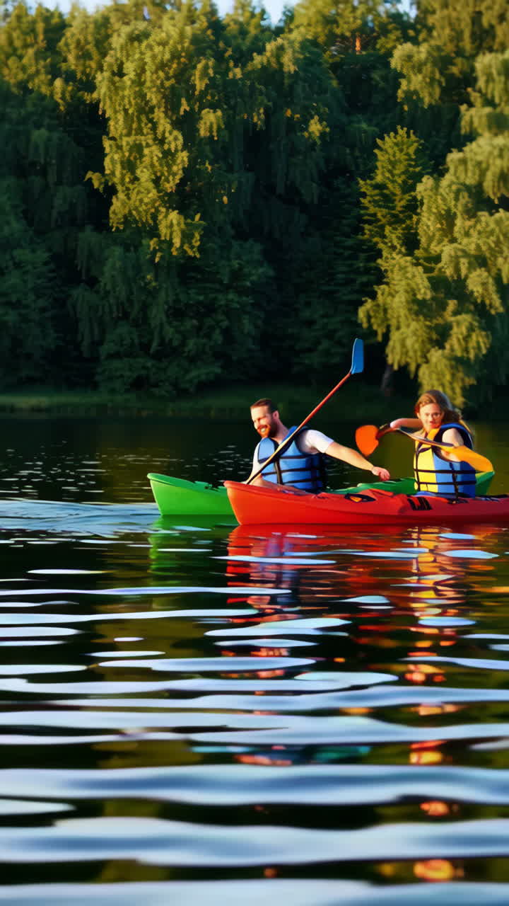 Una coppia che fa kayak su un lago tranquillo