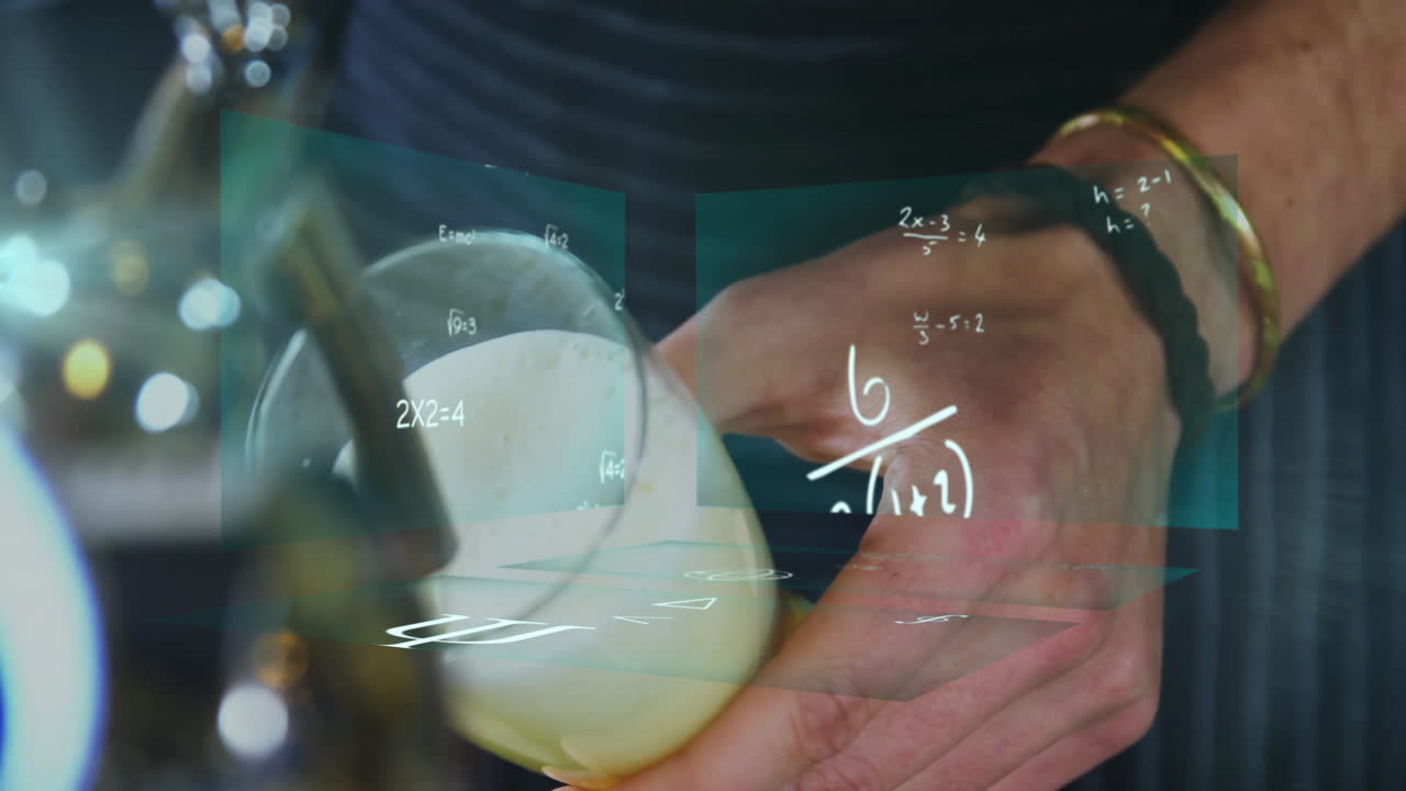 bartender pouring pale ale under tap, showing floating math equations for education