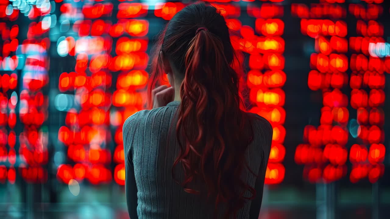 Red-haired woman by bright lights. A woman with long red hair stands facing a wall of bright red lights in an urban setting during nighttime