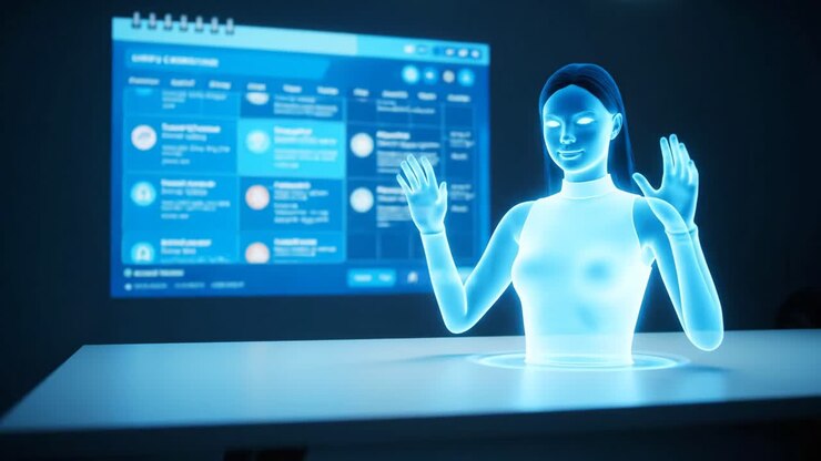 Holographic Woman Interacting with Futuristic Interface
