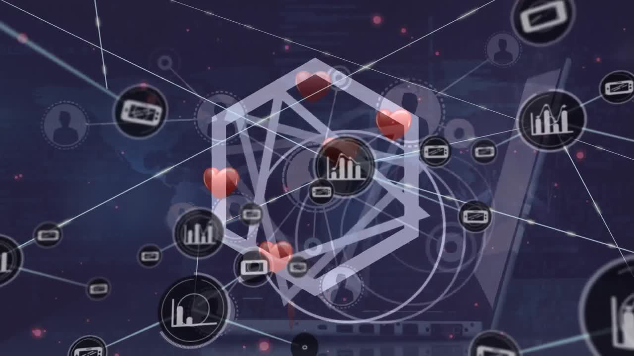 animación de la red de conexiones con íconos y formas sobre las manos usando portátil.