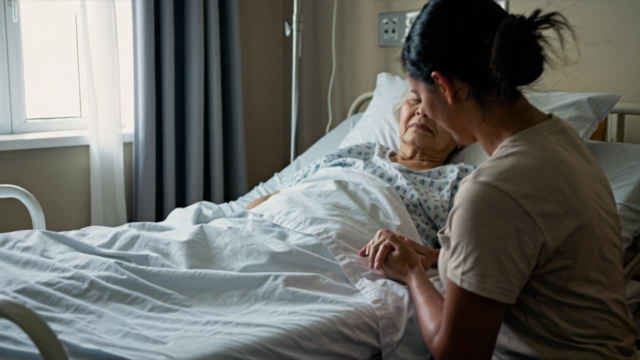 A compassionate caregiver gently holds the hand of a patient lying in a hospital bed. The well-lit room creates a serene atmosphere, showcasing medical equipment and a window with soft natural light. The caregiver offers emotional support as the patient rests under a light blanket, highlighting the 