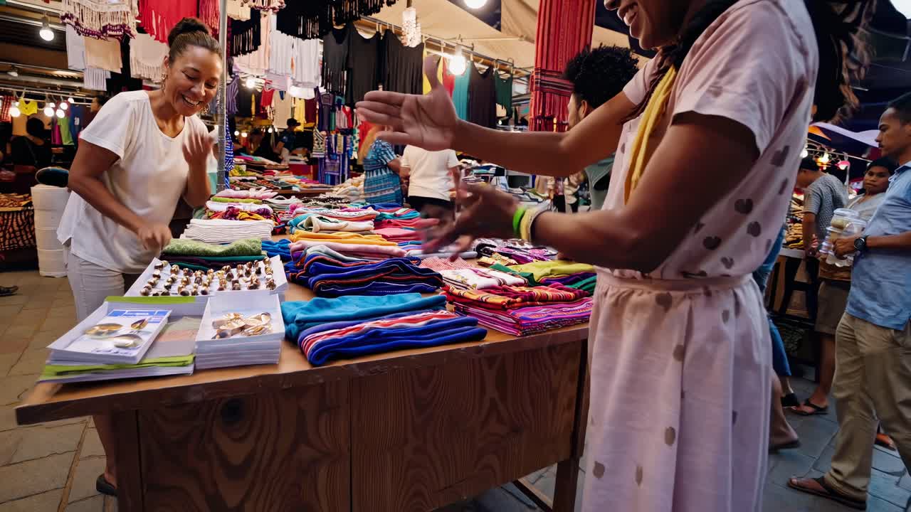Video de una vibrante escena de mercado desde un ángulo a nivel de calle, capturando multitudes bulliciosas y puestos coloridos.