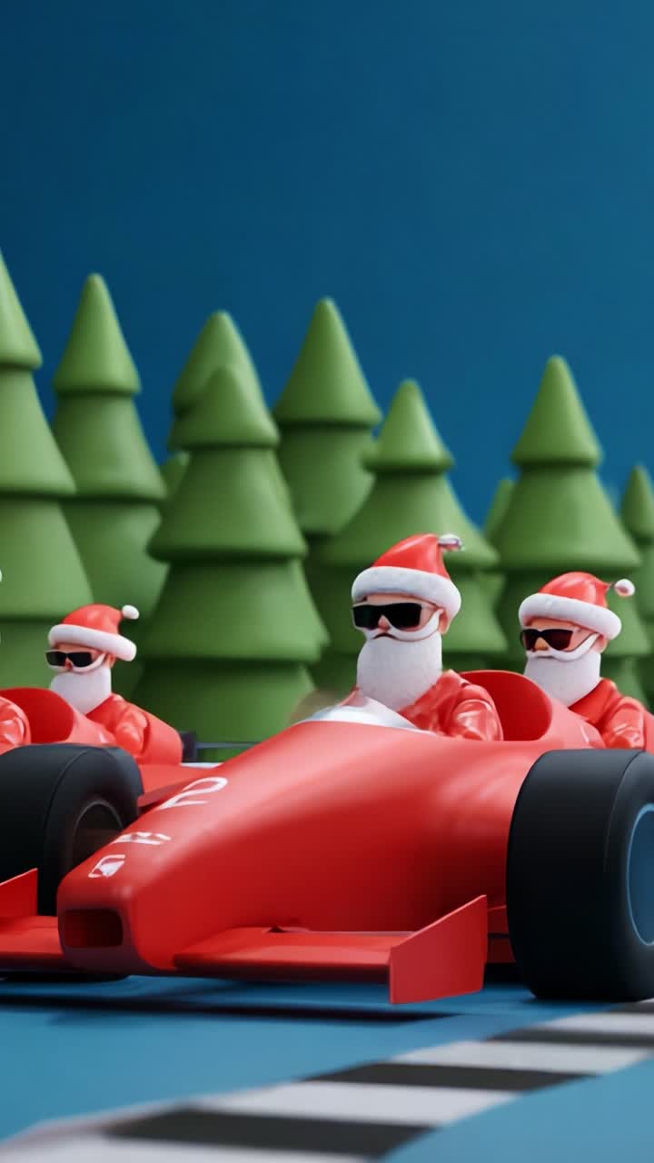 Santa Racing: A Cheerful Holiday Scene Featuring Festive Racing Santas in Sleek Red Race Cars Surrounded by Lush Greenery for a Fun and Playful Take on Classic Motorsport Themes