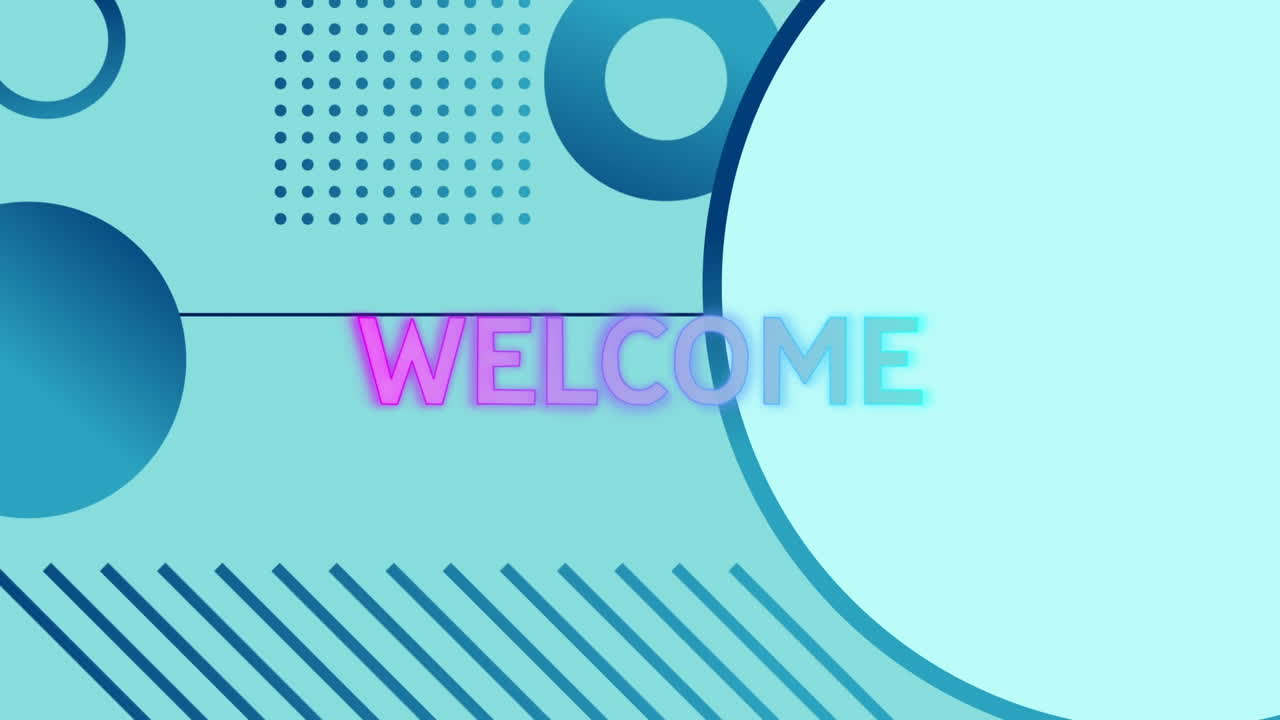 Animation of welcome text over shapes on blue background