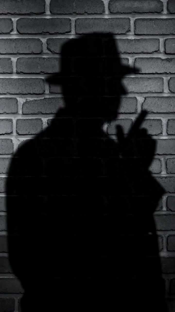 Silhouette di detective nell'ombra contro un muro di mattoni, investigatore privato con fedora e impermeabile, atmosfera a bassa luminosità.