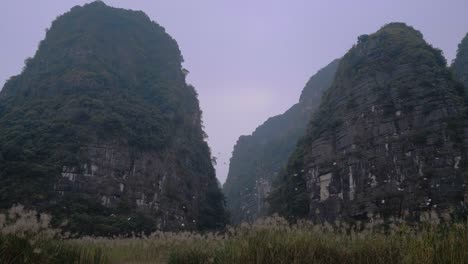 ninh binh wetland reserve with flock of birds flying in background against towering limestone karsts in vietnam