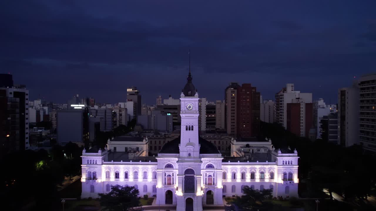 Revealing Aerial of Municipal Palace And City Council of La Plata City Capital at Night, Buenos Aires