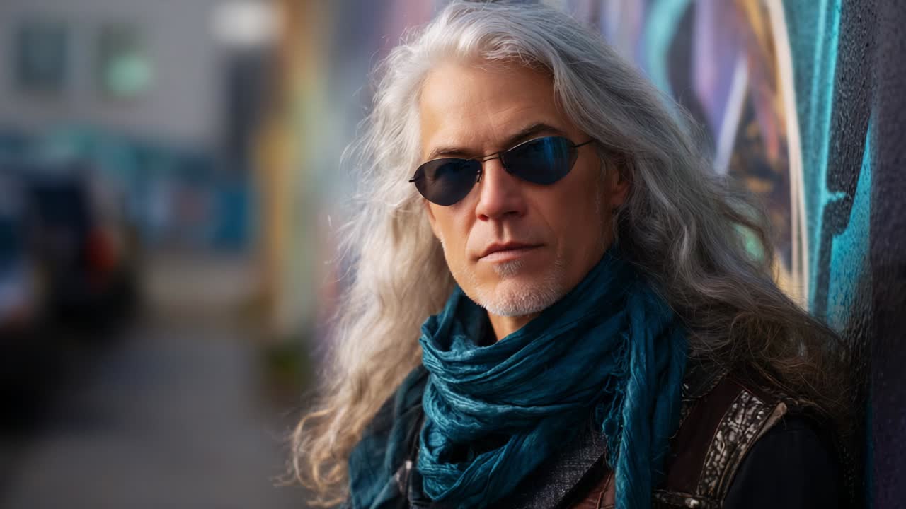 Un individuo alla moda con lunghi capelli argentati e occhiali da sole che posa davanti a un murale urbano colorato, esprimendo uno stile audace e originale, perfetto per catturare l'attenzione in una scena artistica di strada