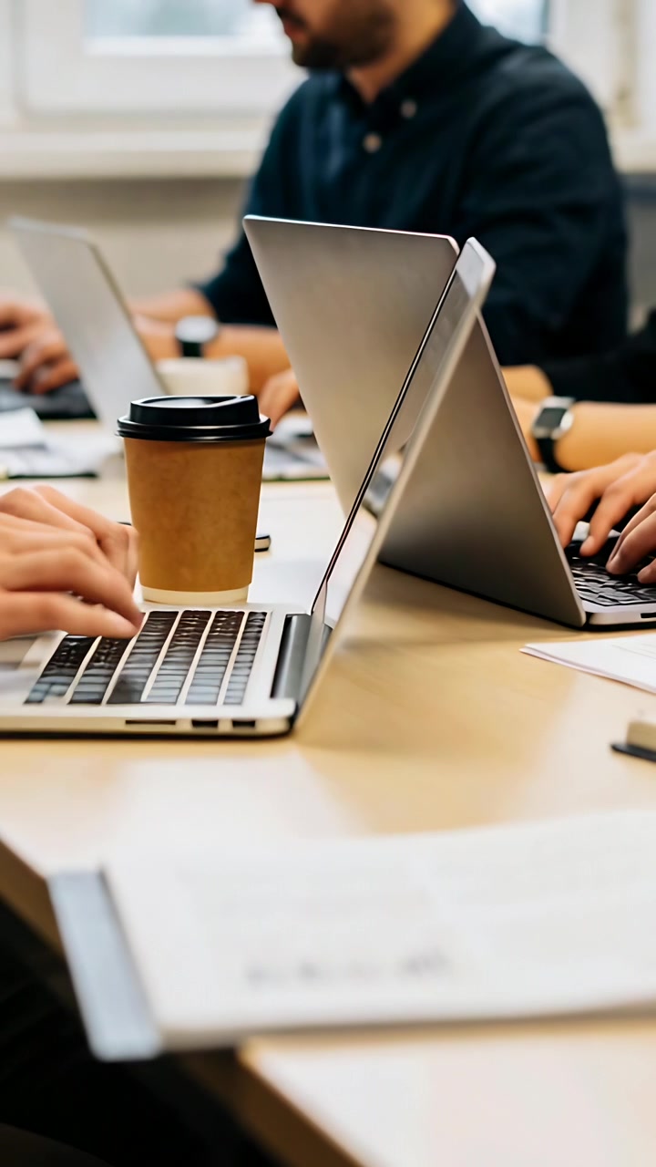Vertical video: Typing hands on laptop during meeting at table, with laptops, papers, button-down