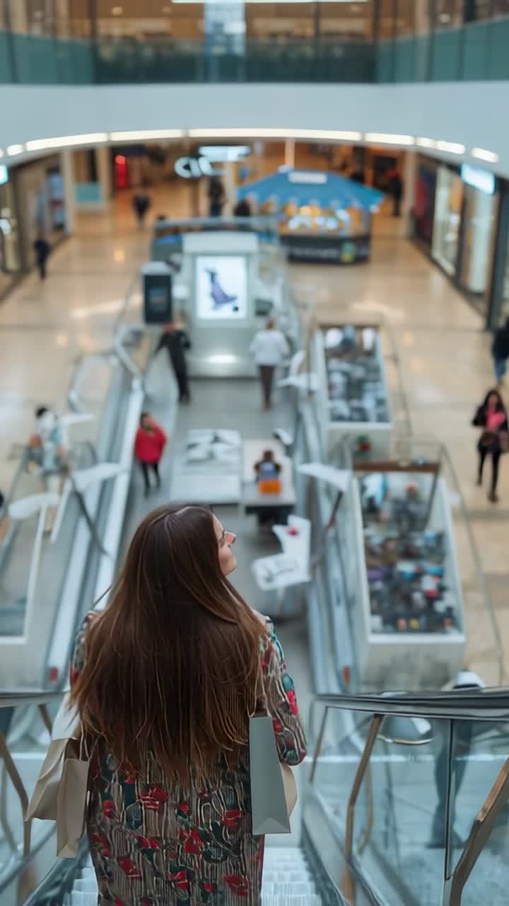 Video verticale: Donna con borsa di carta e cappotto a fiori che sale le scale mobili per vedere i chioschi del centro commerciale