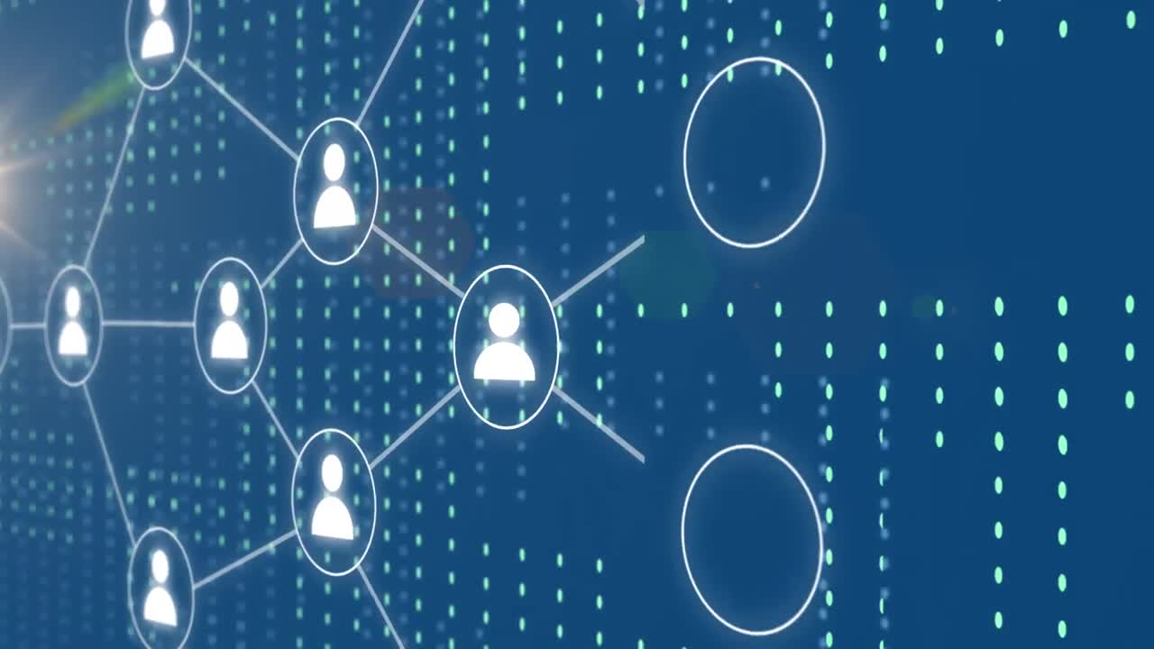 파란색 배경에 점과 렌즈 플레어 위에 연결된 프로파일 아이콘의 애니메이션