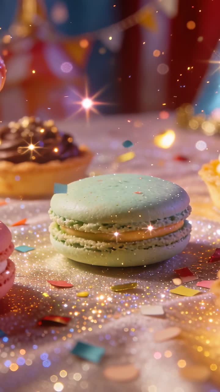 Vertical video: Pulling back camera showing teal macaron on glitter table with bunting for party