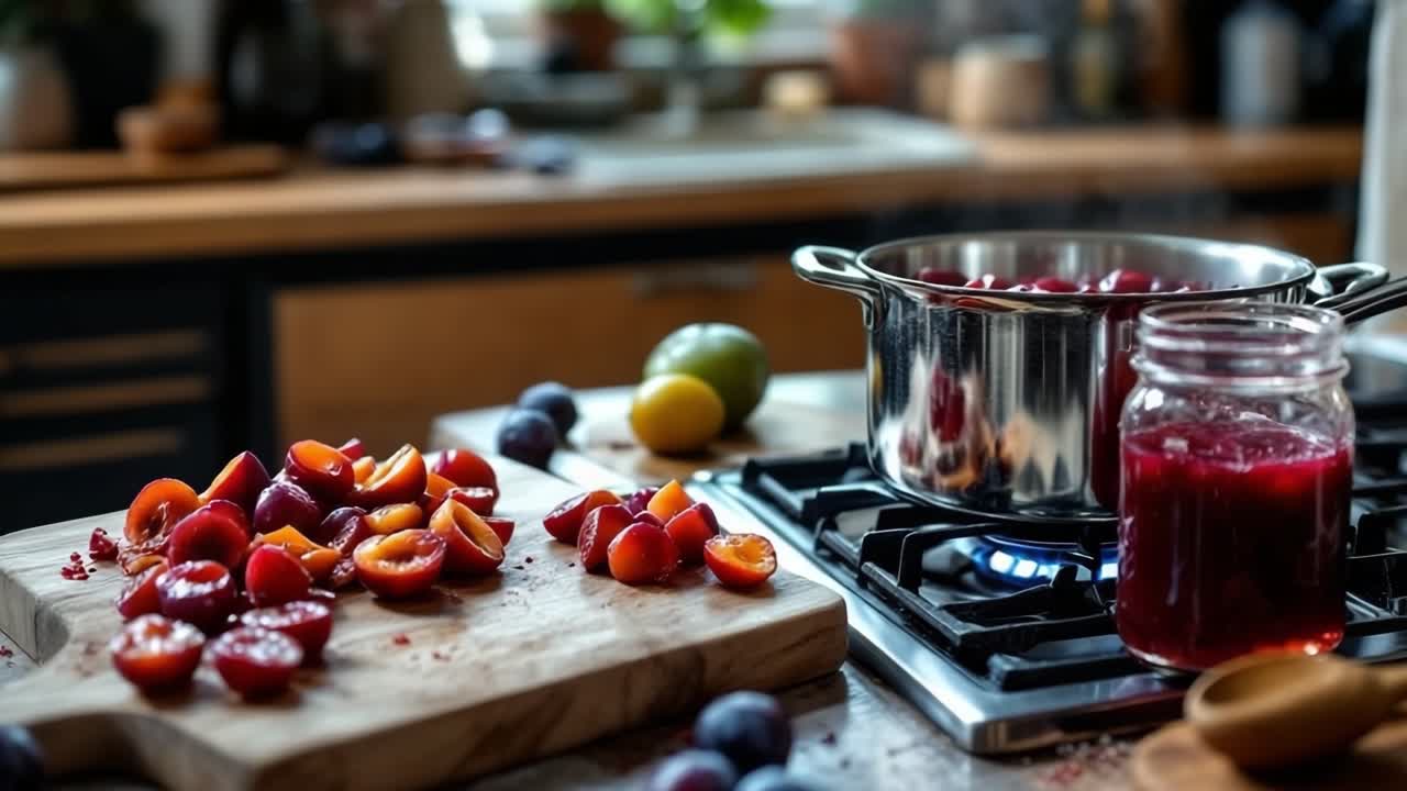 Freshly chopped plums are arranged on a wooden cutting board, while a pot of jam simmers on the stove, surrounded by kitchen elements, creating a warm and inviting cooking atmosphere
