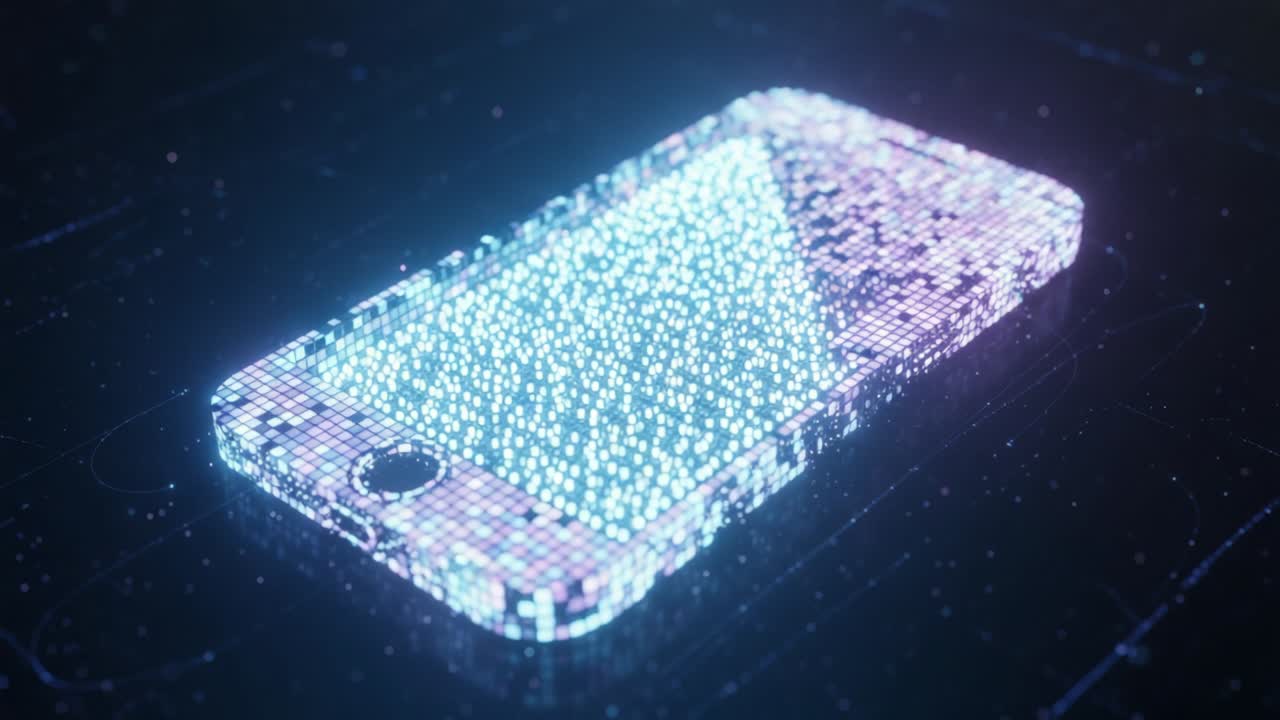 A Futuristic Transformation of a Smartphone with Glowing Pixelated Particles Illustrating the Digital Age and the Evolution of Technology