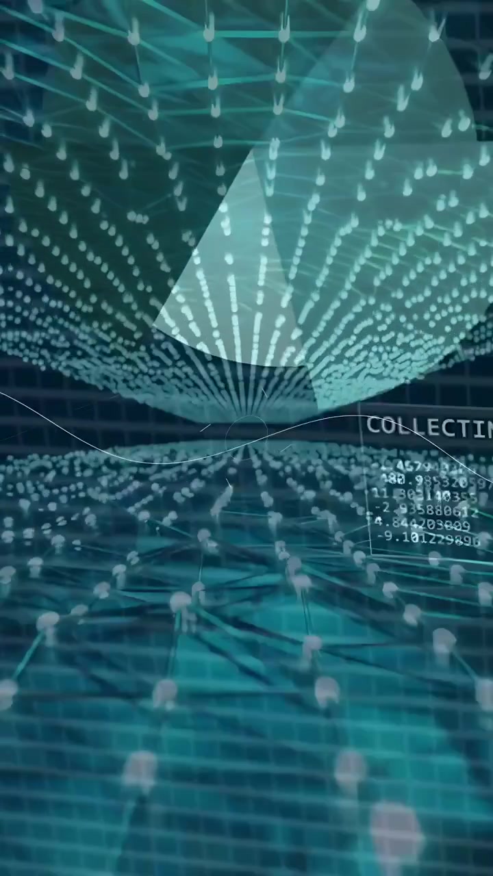 Vertical video: Rotating sector sweeping, dot lattice pulsing, HUD panels sliding, collecting data