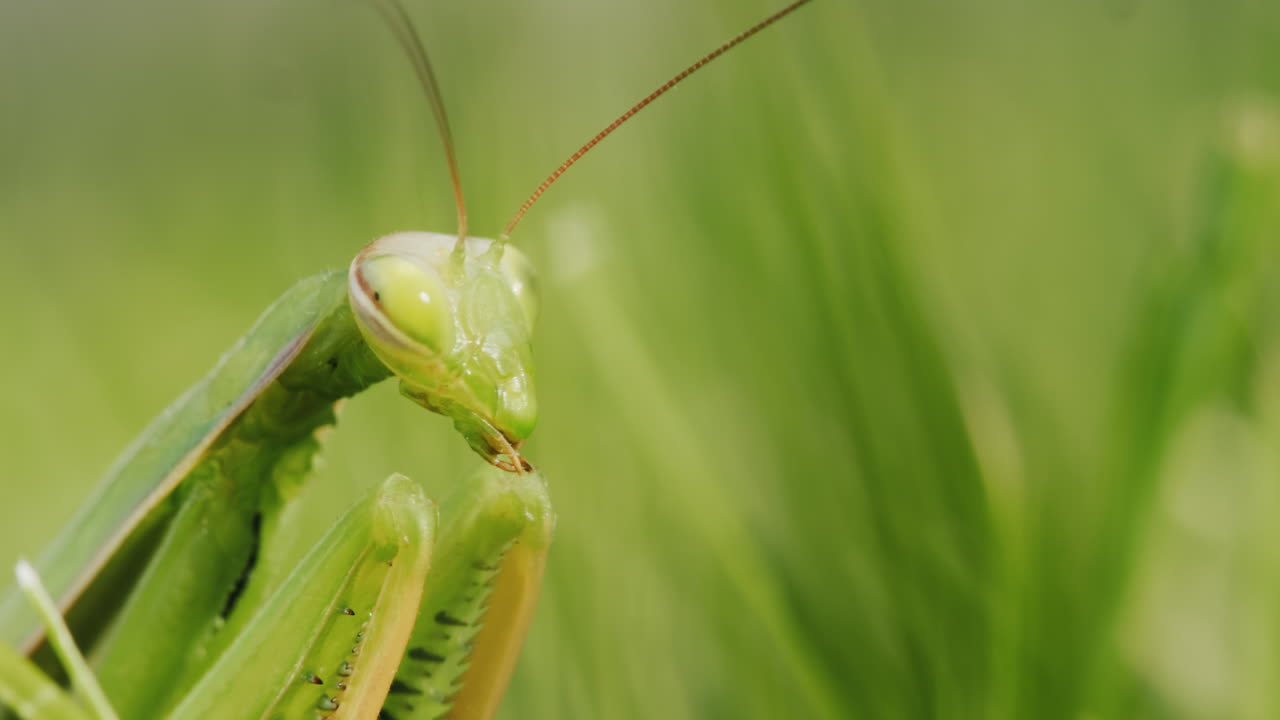 La mantide religiosa si nasconde nell'erba verde e si mimetizza con lo sfondo.