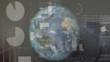 animación de la interfaz infográfica sobre el sol y la tierra contra la vista aérea de la ciudad en el fondo.