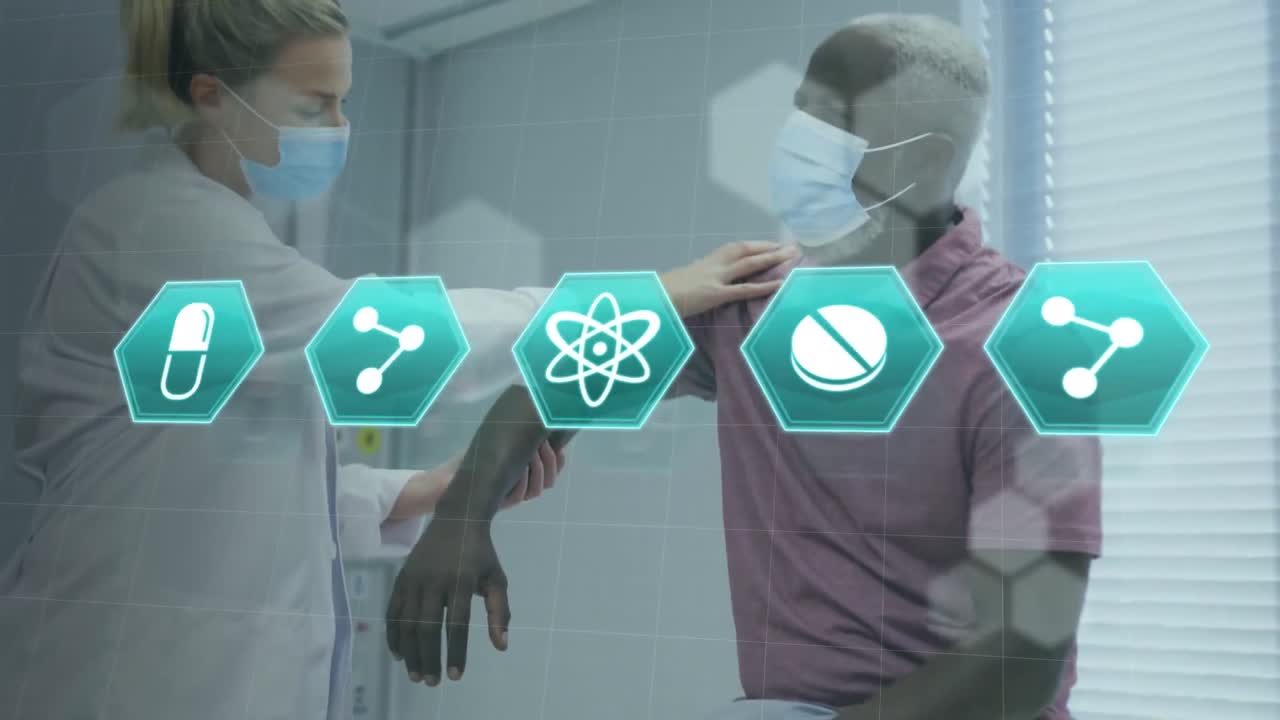 백인 의사 가면을 쓰고 남성 환자를 치료하는 의료 아이콘의 애니메이션