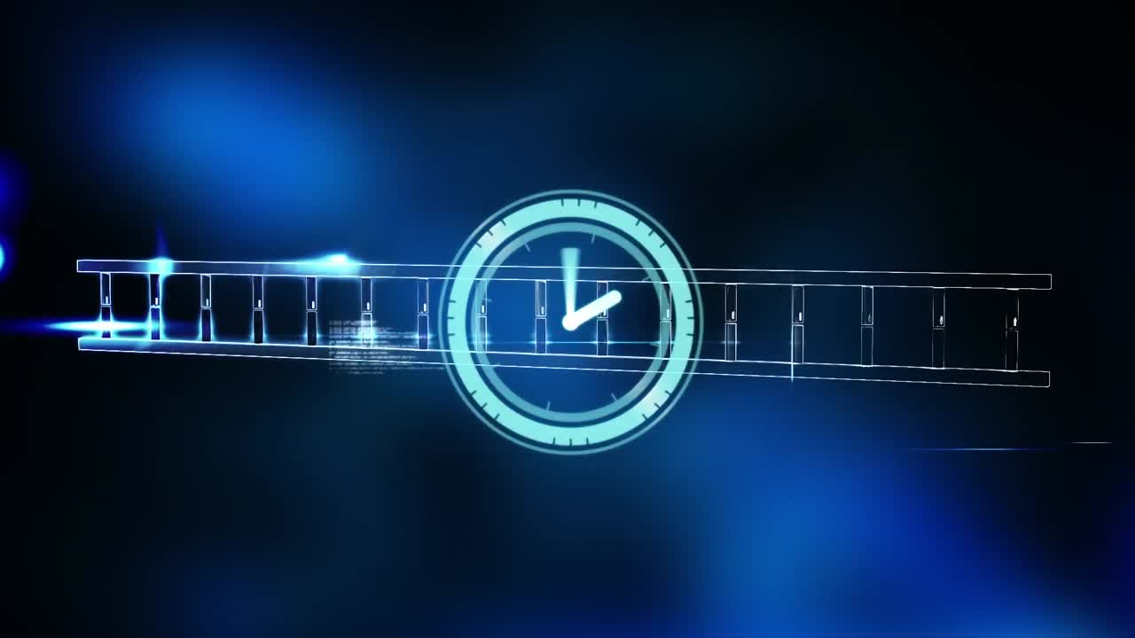 검은 바탕에 dna 가닥 위로 이동하는 시계의 애니메이션과 데이터 처리