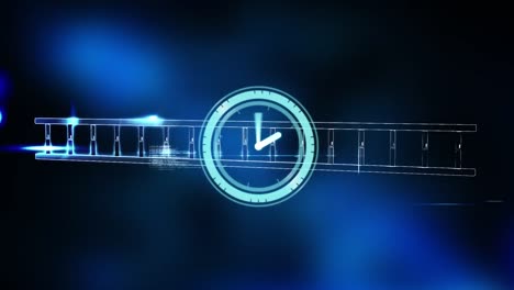 animación del reloj que se mueve sobre la cadena de adn y el procesamiento de datos sobre fondo negro