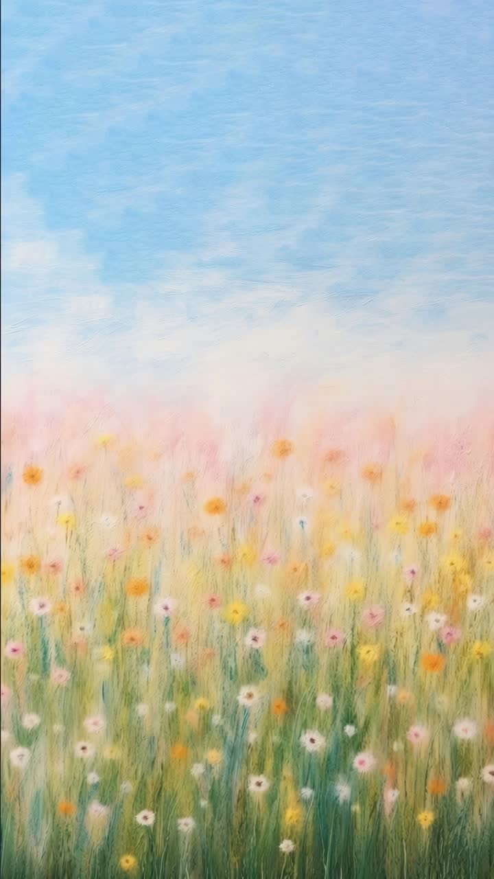A serene video still of a wildflower meadow under a blue sky, captured from a low angle