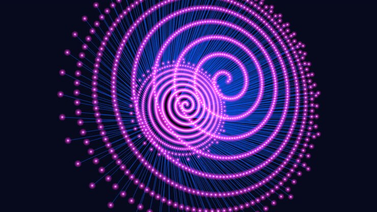 Sfera a spirale futuristica con scintillii e linee LED al neon in una galassia nera