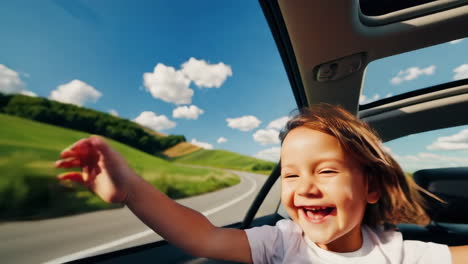 joyful child enjoying a car ride with wind in hair