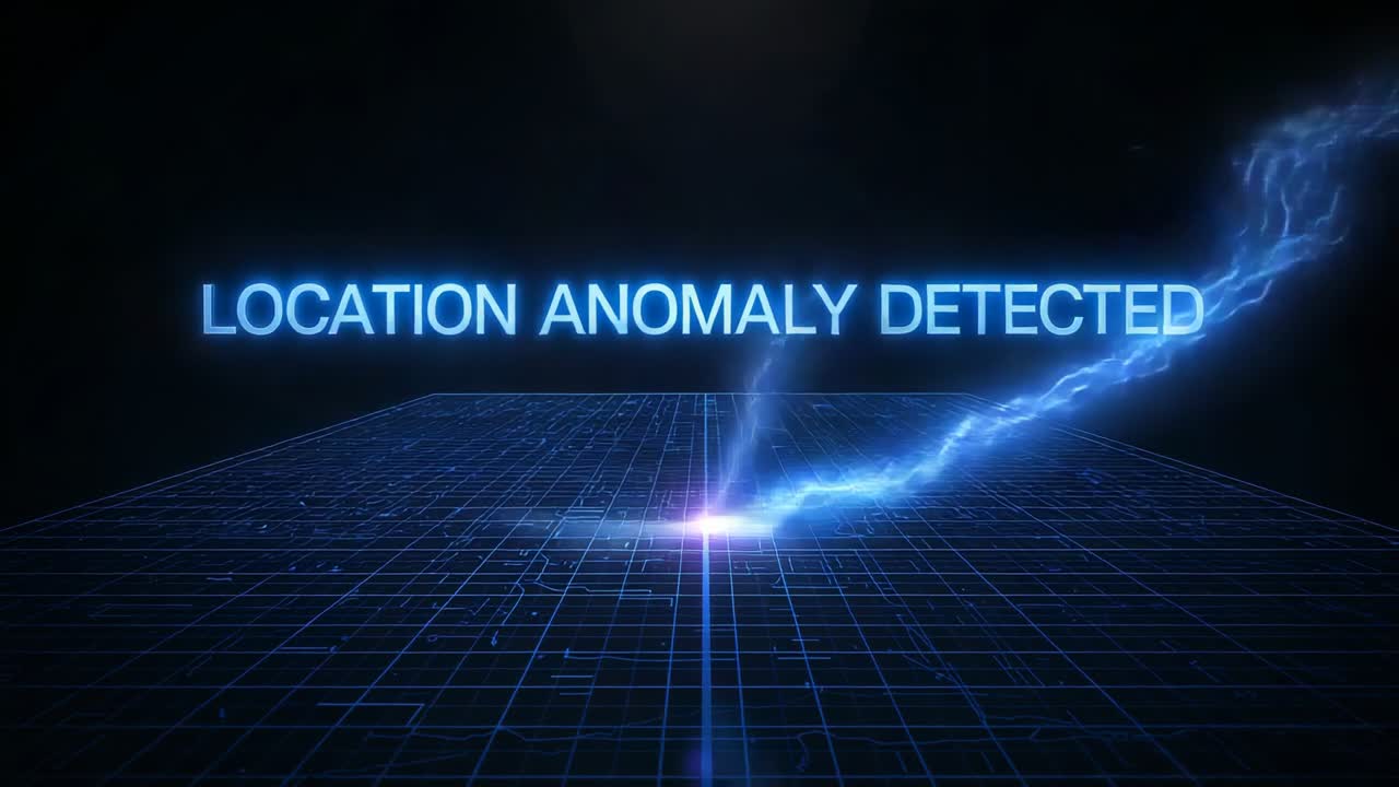 Udbruddende node sender blå buer over gitter, signalerer neonoverskrift LOKATION ABNORMALITET REGISTRERET.