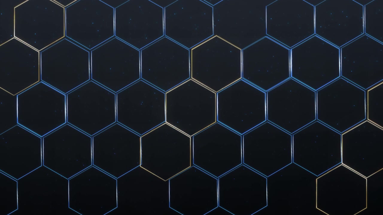 Blue gold hex pattern visual with glowing polygon outlines dark clean space and subtle digital