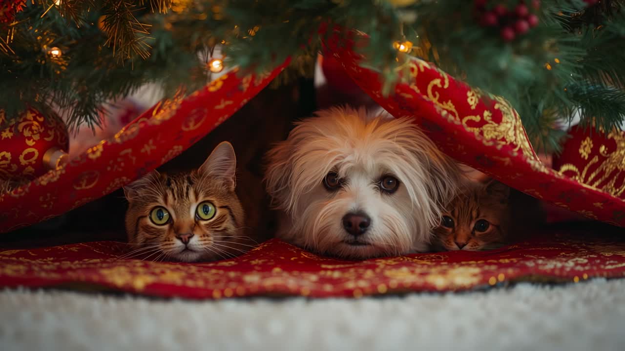 Peeking cat, dog and ginger kitten under Christmas tree skirt in living room, lights twinkling