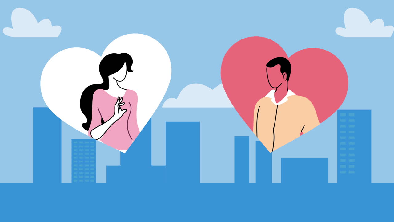 젊은 커플 연인, 마음의 사랑을 가진 캐릭터