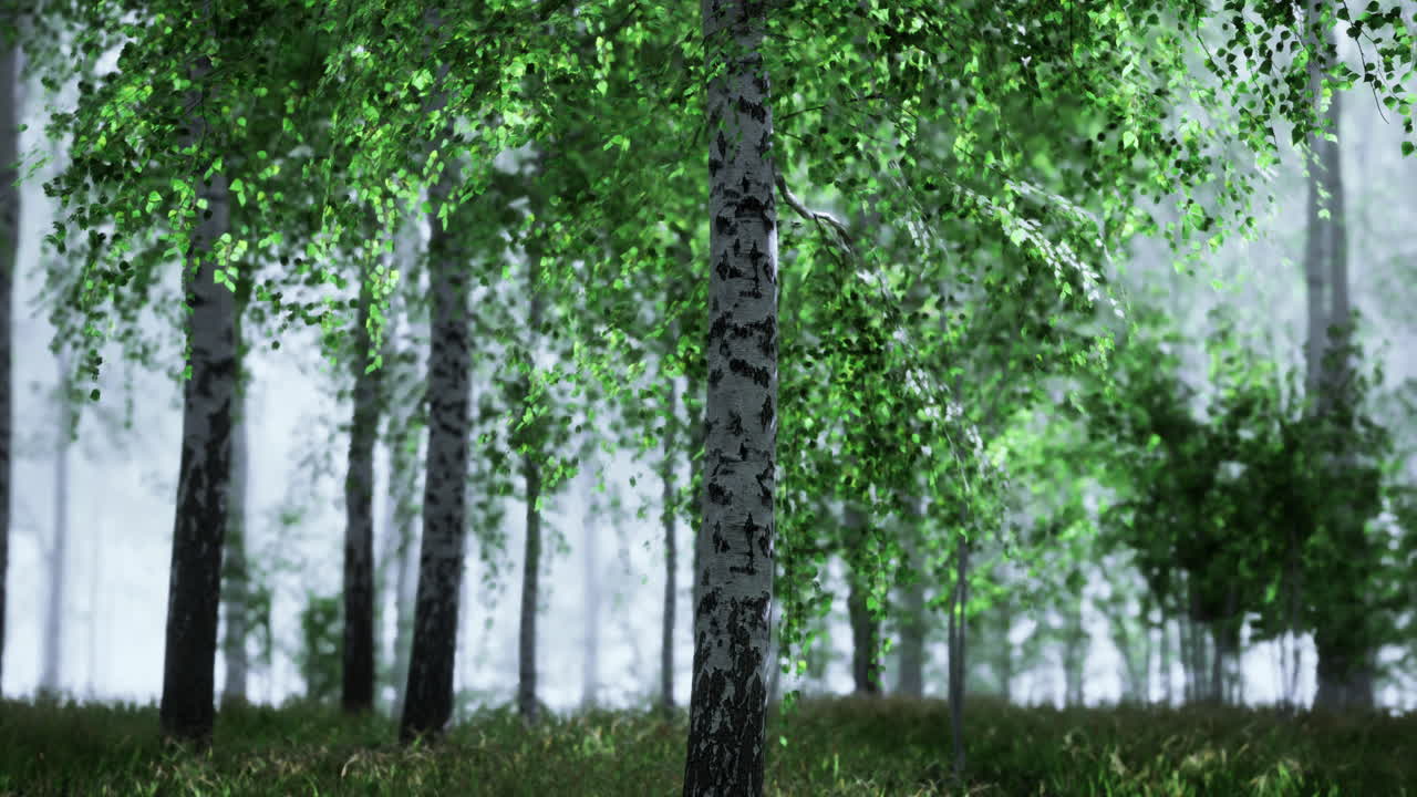 Rigogliosa foresta di betulle verdi durante una mattinata nebbiosa