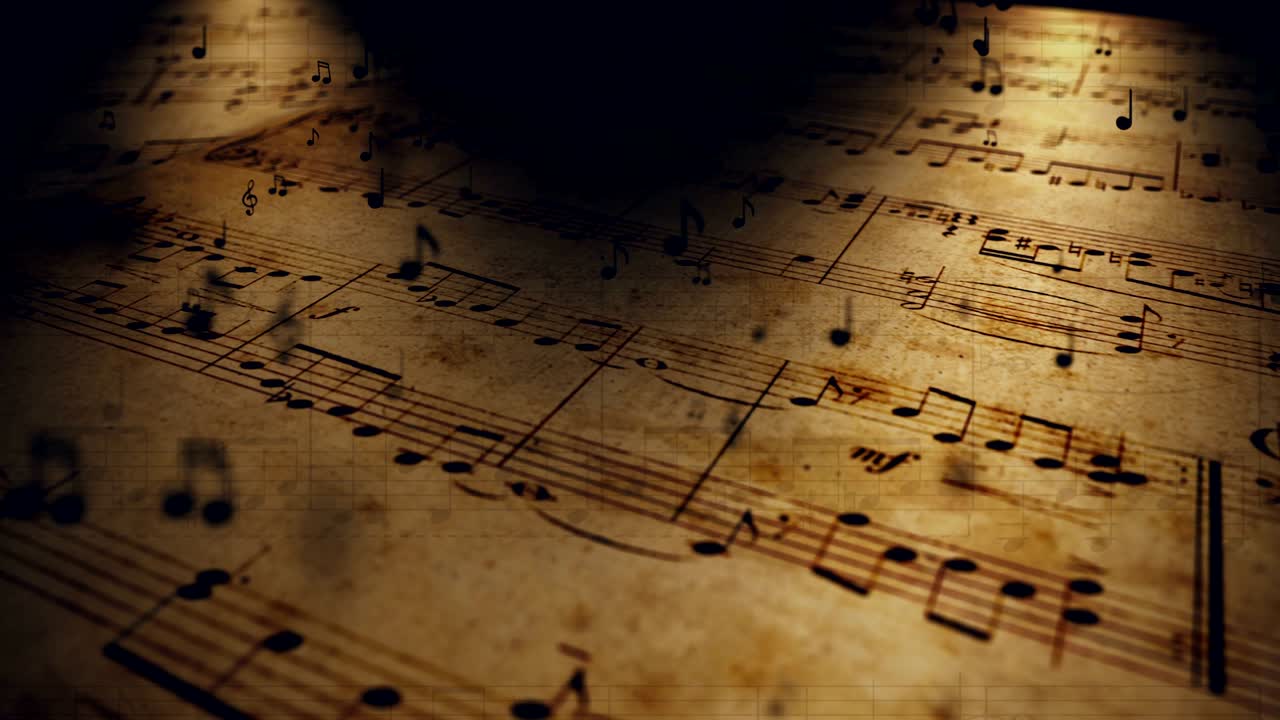 fondo de música atmosférica con notas en papel marrón viejo