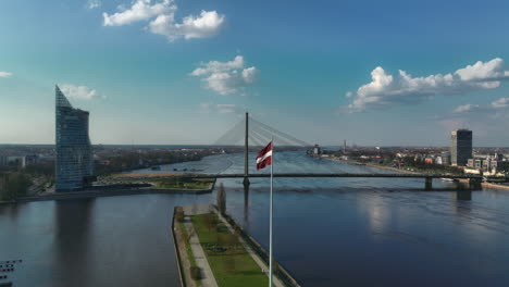 aerial panoramic shot featuring riga's vansu bridge over daugava river and latvian flag, near dome cathedral, st