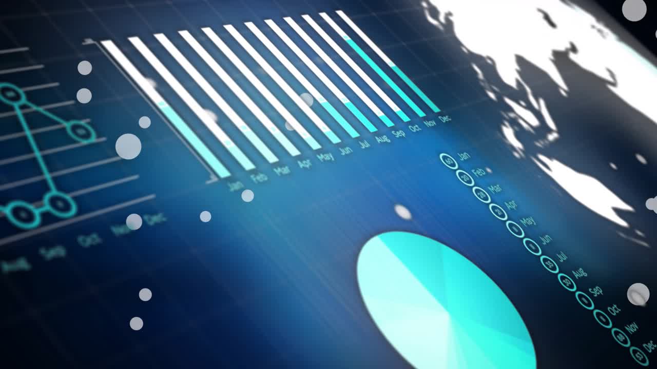 On start, dashboard animating charts, fading code, rotating globe illustrating monthly trends