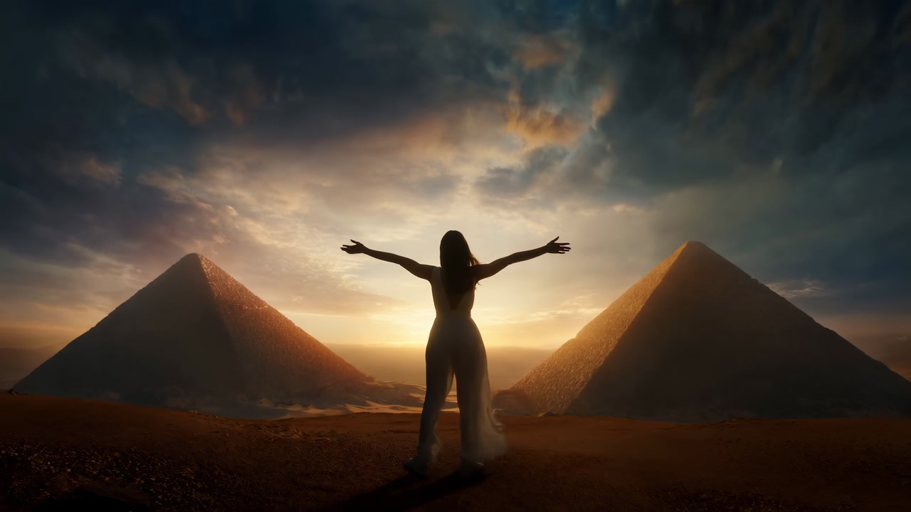 Silhouette Woman At Pyramids Sunrise, Arms Outstretched Facing Golden Horizon, Dramatic Cloudscape, Glowing