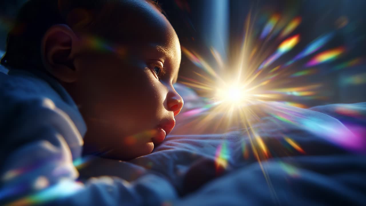 A Captivating Moment of a Baby Gazing at a Dazzling Light, Creating a Magical Atmosphere Filled with Colors and Emotions. A Charming Scene That Embodies Innocence and Wonder