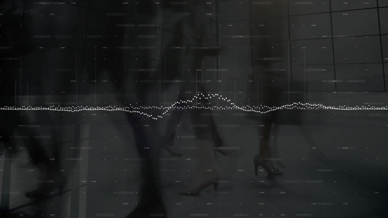 Commuters walking across lobby driving tech waveform pulsing mirroring flow over grid panels